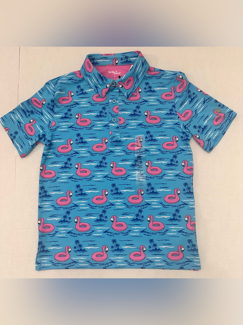 Birdie Bound Boys Performance Swimming Flamingo Graphic Print Golf Polo Size 8